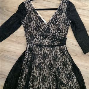 Maggy London Black Lace Faux Wrap Dress Ruched L